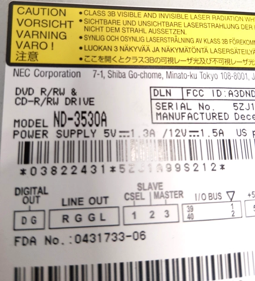 NEC Corporation DVD R/RW CD-RW Drive ND-3530A IDE 40-PIN ATA A3DND-3530A - Image 4 of 4