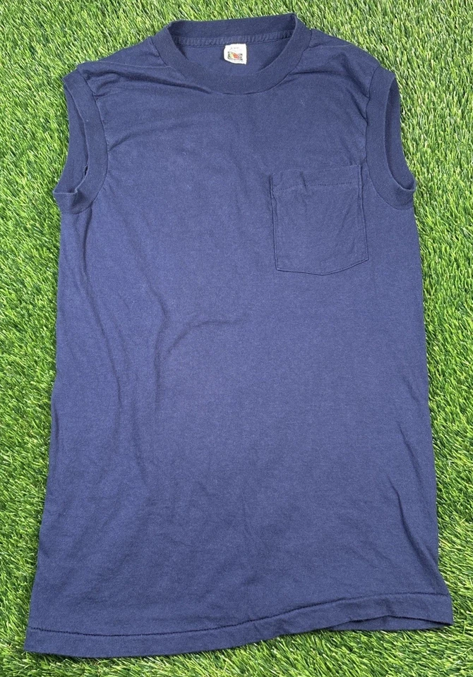 Vtg 90s Fruit Of The Loom Sleeveless Pocket Shirt Mens M Single Stitch Blank - Image 2 of 4