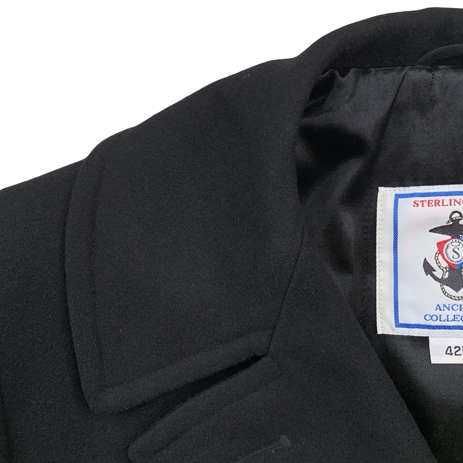 Mens 42 L Sterlingwear " Anchor Collection " Solid Black DB Wool Blend Pea Coat