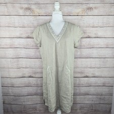 Garnet Hill Linen Beige Embroidered Pocket Detail Shift Tunic Dress Size 14