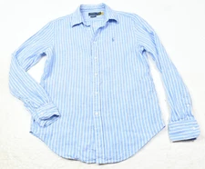 Polo Ralph Lauren Linen Shirt Womens XS Blue White Stripe Long Sleeve Button-Up