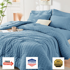 HYMOKEGE Mineral Blue Twin Comforter Set Seersucker 5 Pieces All Season Luxury