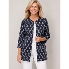 Talbots Navy White Cotton Stretch Open Front Jacket 3/4 Sleeve Womens Size 12