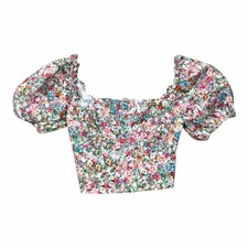 ASTR The Label PaolaCrop Corset Smocked Top Floral XS Puff Sleeves