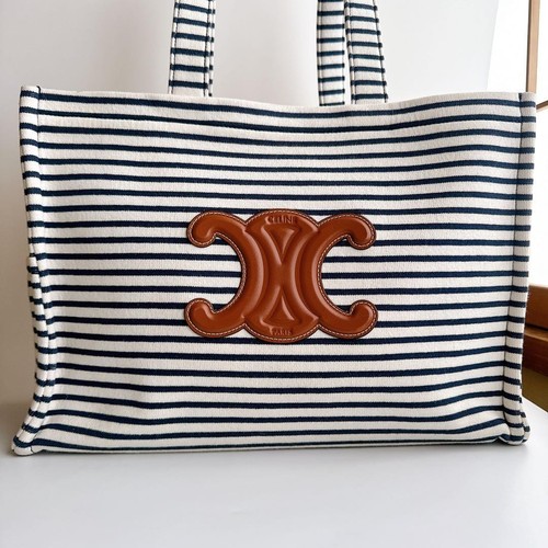 CELINE Large Cabas Taisie Triomphe Stripe Tote Navy White Canvas  Used Japan