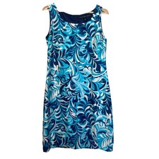 Chaus Silk Teal Navy Tiered Midi Shift Dress Size 8 Office Sheath Retro Resort