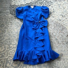 Vintage M. Louise Grieco Ruffle Wrap Bow Cocktail Dress Blue 12
