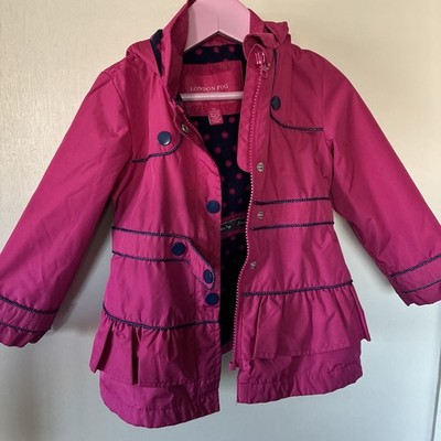 London Fog-Girl s Pink Hooded Pokadots Winter Rain Coat Size 3T Ruffles Zip Bton