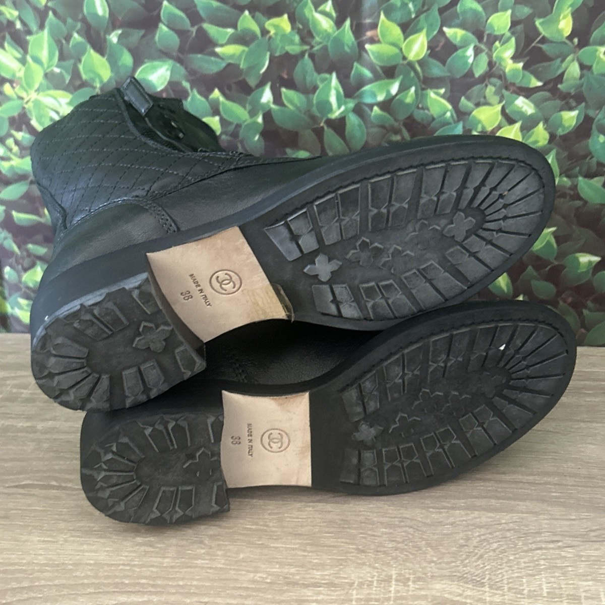 Auth. CHANEL CC Logo Quilted Black Leather Moto Biker Combat Boots