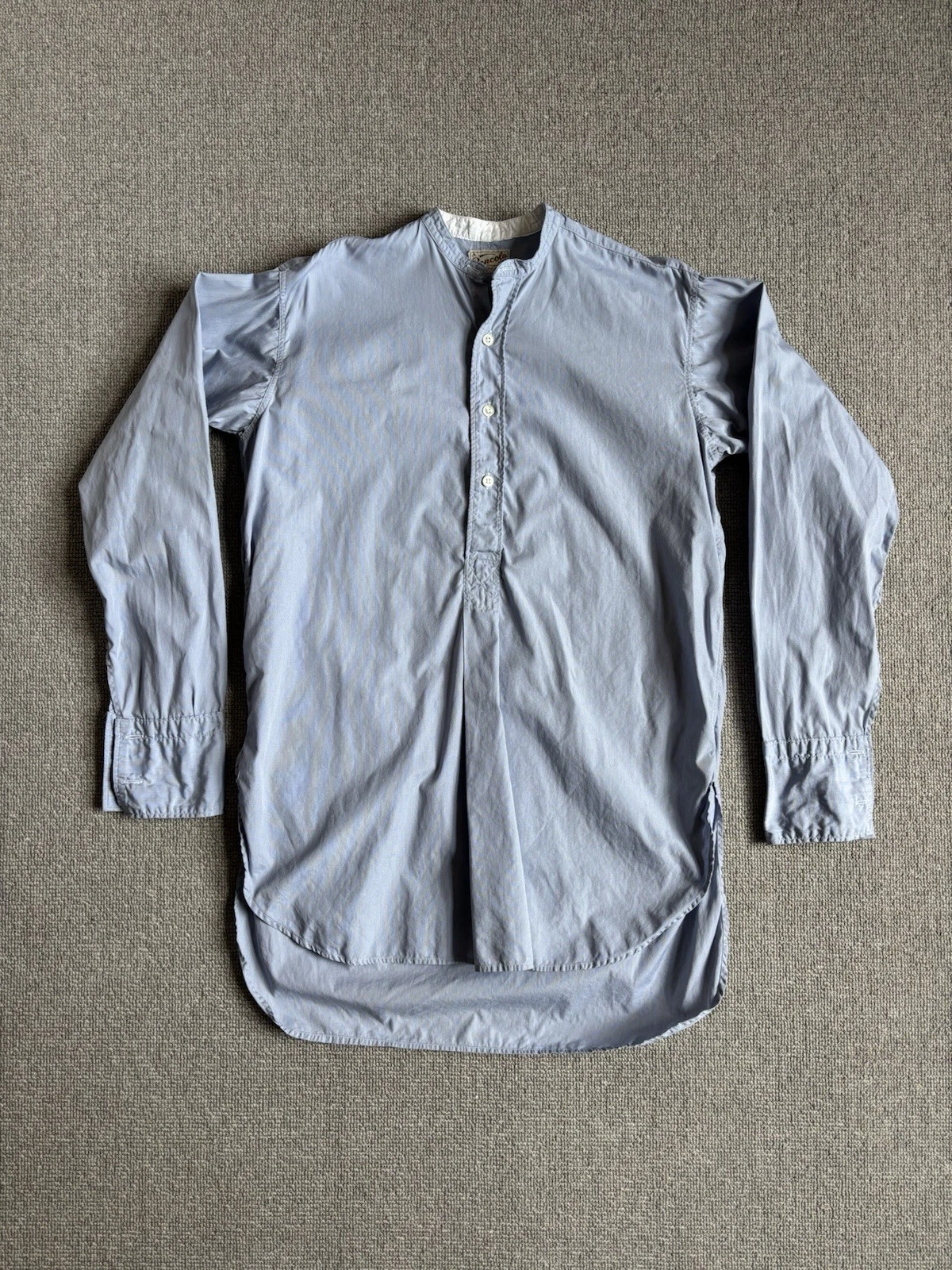 True Vintage 40’s 50’s Blue Collarless Grandad Half Button Popover Shirt Medium