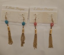 I. Louis Designs 2 Pr NOS Earrings Dangle Gold-tone Blue And Pink