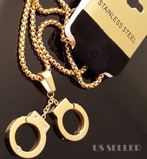 Mens Gold Stainless Steel Handcuffs Pendant w/ 24" Round Box Chain Necklace