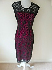 JAEGER BLACK & HOT PINK LACE SLEEVELESS FITTED OCCASION EVENING DRESS UK 8 VGC