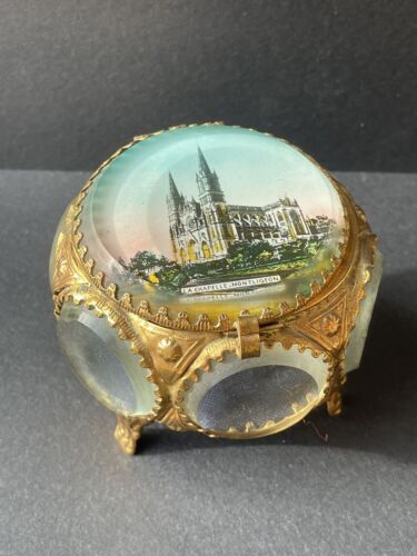 Antique Jewelry Box - La Chapelle Montligeon Beveled Glass Round Box - Picture 1 of 7