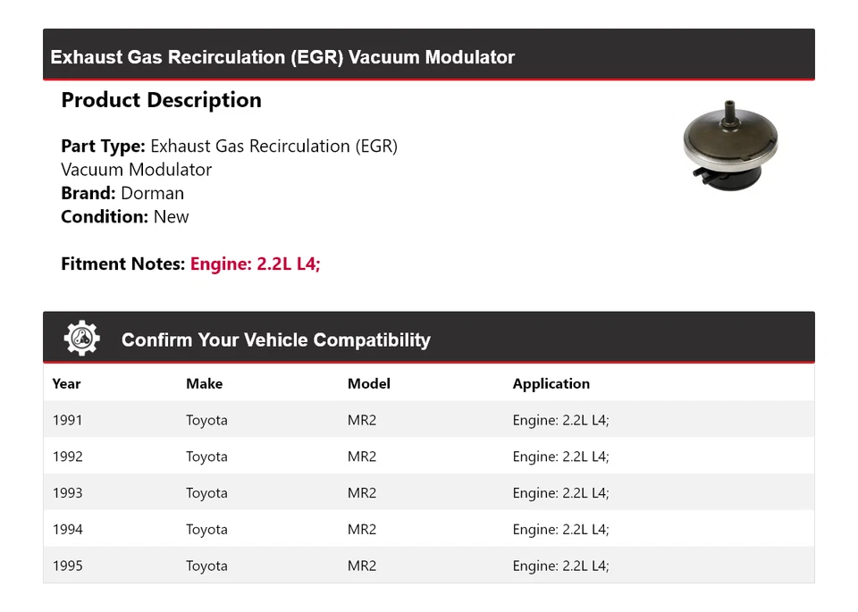 Modulador de vacío Dorman EGR 1992 1993 1994 para Toyota MR2 1991-1995 2,2 L L L4 Foto 2 de 4