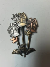 Vintage Signed K&T Bird Houses and Birds Tri Tone 2.5" Brooch Pin