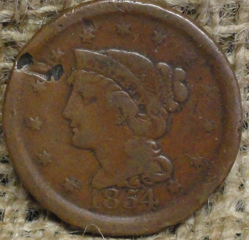 1854 Large Cent Braided Hair Ungraded Choice US Copper Coin