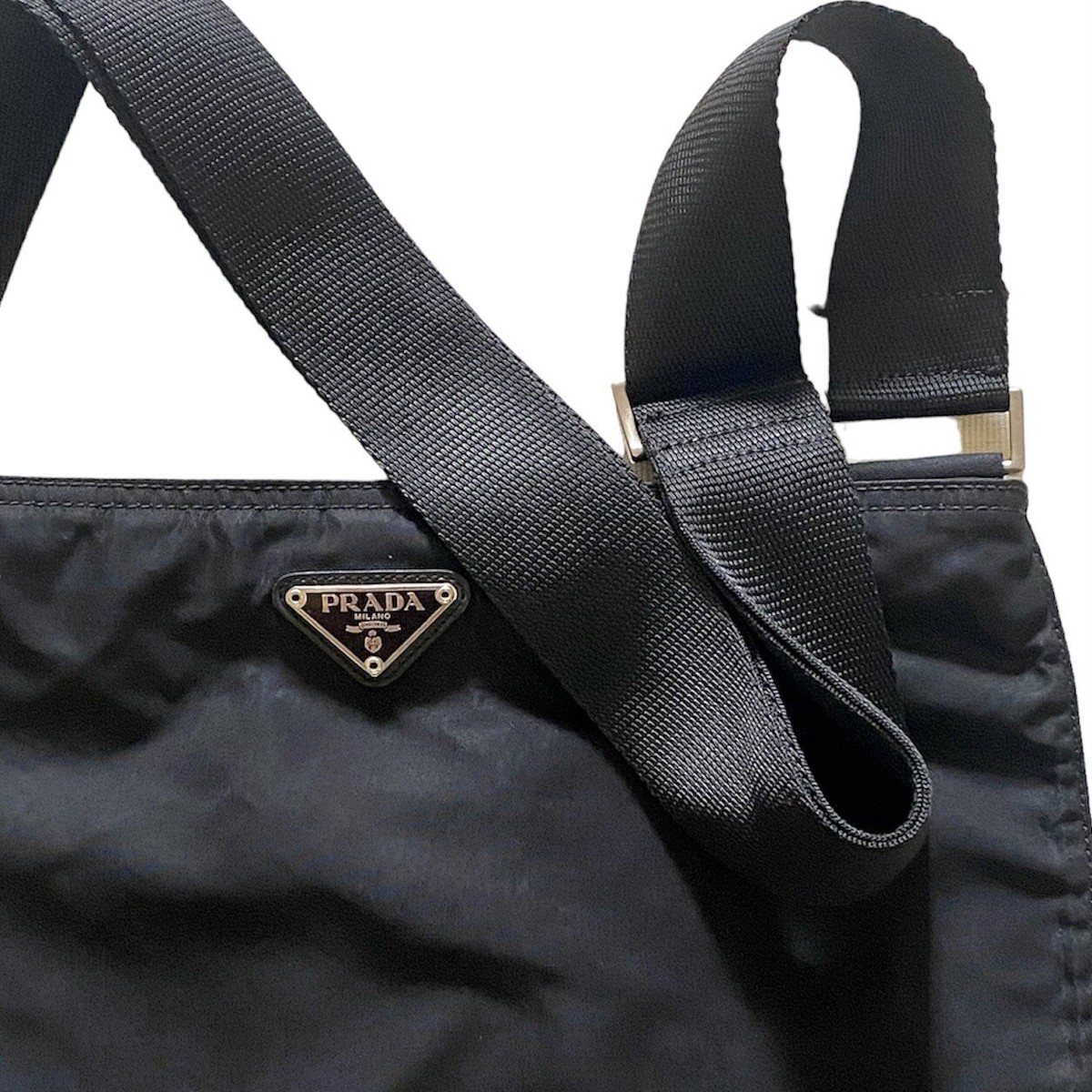 AUTHENTIC PRADA NYLON CROSSBODY ZIPPER BAG, BLACK, H: 10” X W: 12.25”