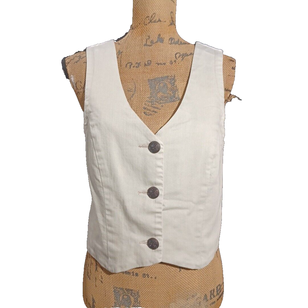 Chicos Steampunk Crochet Lace Back Vest in Khaki Beige Size MED Washable-image