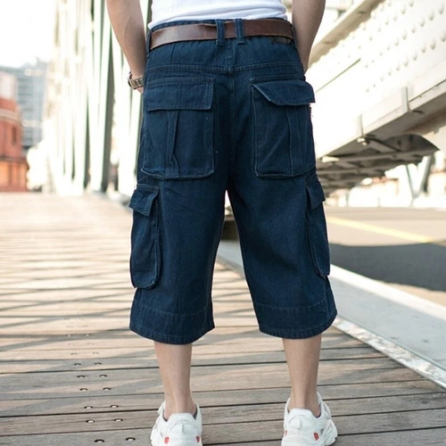 Herren Denim Baggy Loose Shorts Hip Hop 3/4 Länge Jeans Roll Up Cargo Tasche - Bild 7 von 18