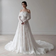 Lace Wedding Dresses Off Shoulder Detachable Full Sleeve Boat Neck Bridal Gowns