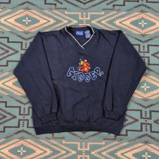 Vintage Disney Pooh Tigger Embroidered V-Neck Sweatshirt Navy Blue Large 90s Y2K