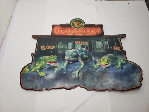 Vintage Budweiser Metal Tin Beer Sign 32" x 25" Frog Lizard BUD WEIS ER 90s