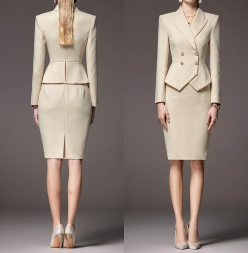 Elegant Damen Anzug Doppelreihige Jacke Formell Rock Spitzkragen Bürotauglich - Bild 7 von 8