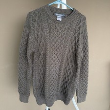 IrelandsEye Dublin Wool Sweater Mens L Olive Brown Cable Knit Ireland 100 Wool