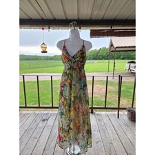 Shes Cool Floral Maxi Dress Womens Large Multicolor Smocked Empire Waist V-Neck