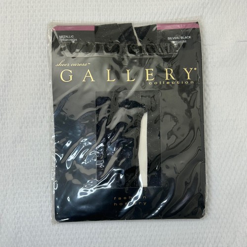 Gallery Collection Sheer Caress Metallic Thigh High Stockings Silver Black Med - Picture 1 of 8