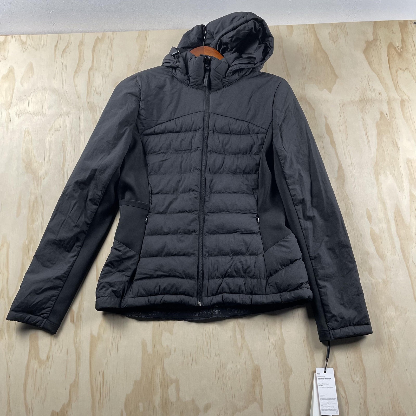 Calvin Klein Jacket Womens Medium Black Hooded Puffer Full Zip Pockets