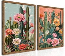Framed Mexican Cactus Canvas Wall Art Set of 2, Vintage Desert Floral Wall De...