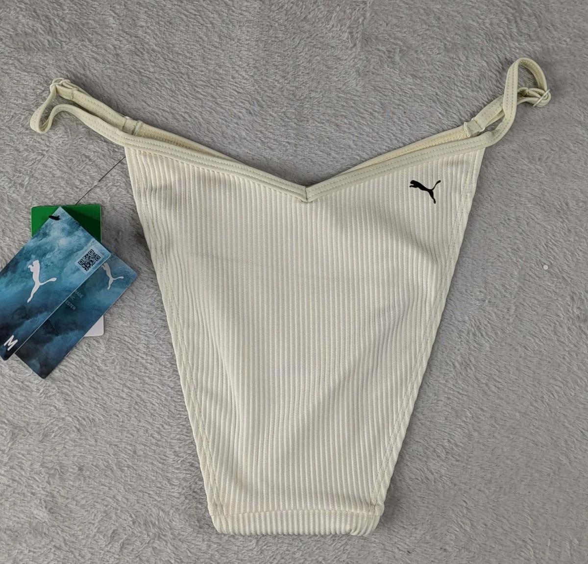 Puma Swimwear Tanga Brief Womens M White Combo Ribbed Low Rise Bikini Bottom