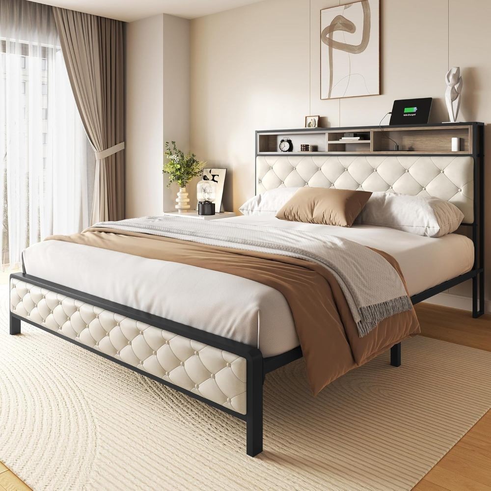 W Charging Station, Soft Cushion, Storage, Headboard With Fo