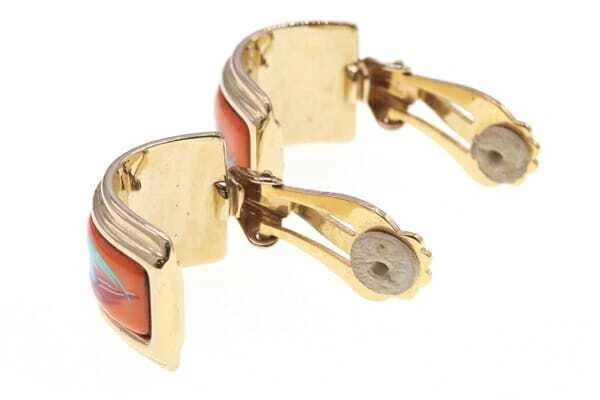 Hermes Earrings Emaille Orange and Gold Metal Feathers Women's Pre-owned - Image 3 of 4