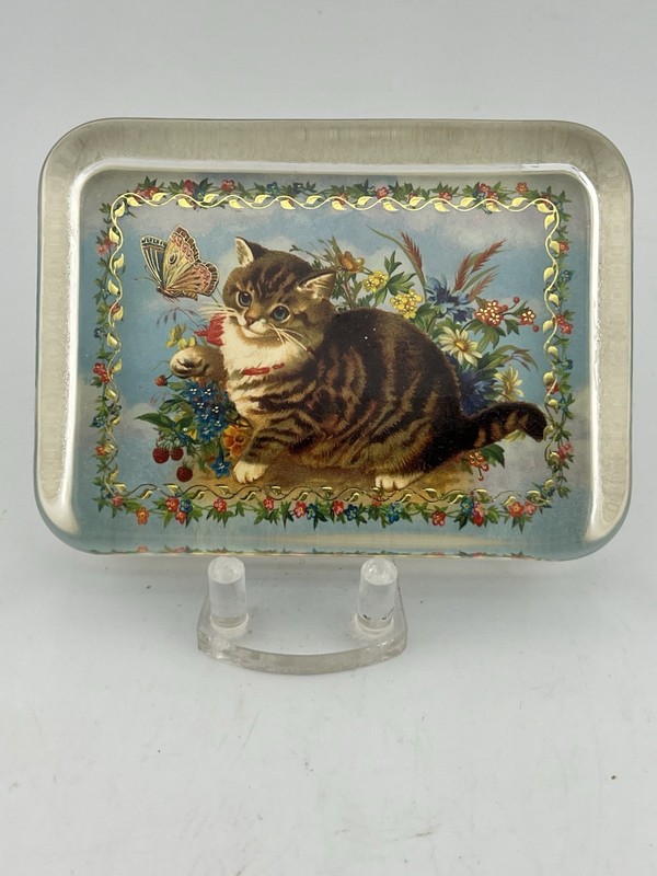Heavy Glass Paperweight  with Gold Foiled Embossed  Art Cat & Flowers