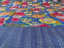 Block Print Blue Kantha ThrowCotton Block Print Boho Bedspread Throw Blanket