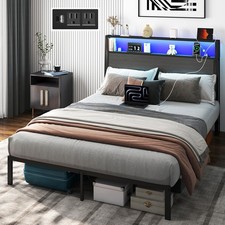 Queen Size Platform Bed Frame LED Light with Charging Station Storage Headboard