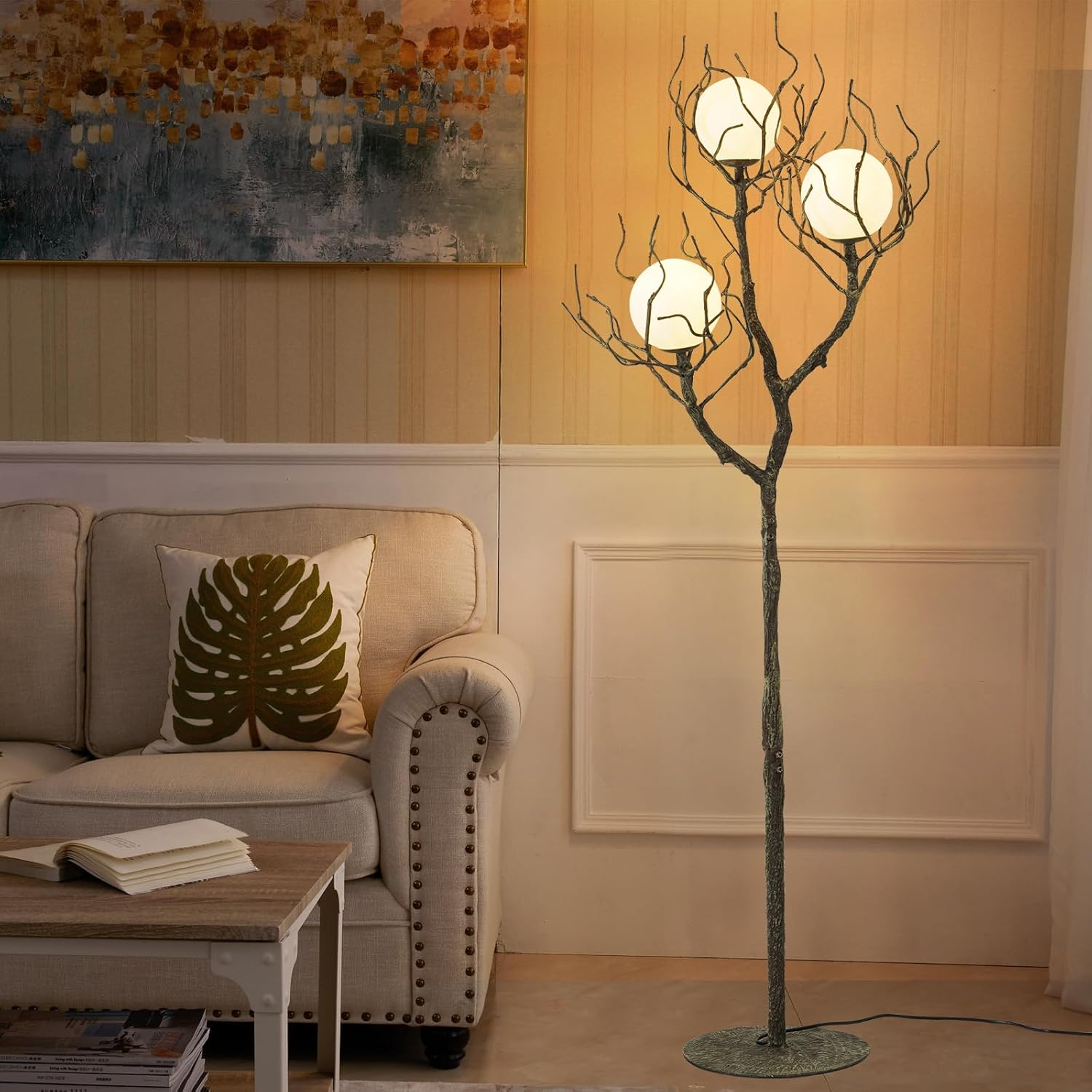 Unique Floor Lamp for Living Room - Tree Trunk Design with 3 Moon Lights, Wood G