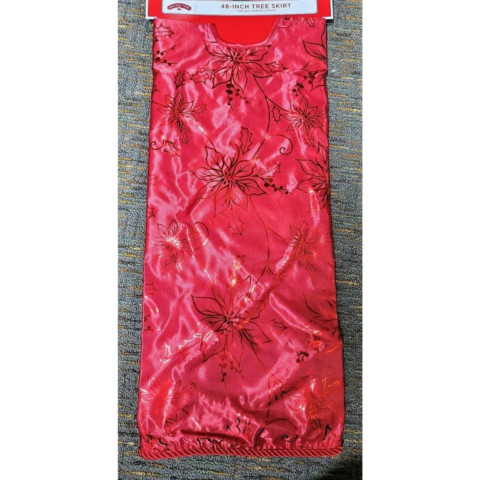 Holiday Time 48" Lámina Roja Poinsettia Cuerda Roja Borde Árbol de Navidad Falda - Nueva Foto 3 de 4