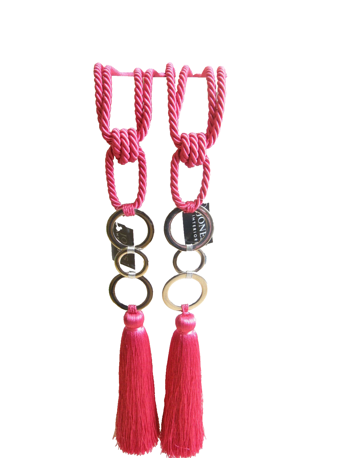 2 Pink & Chrome Curtain Tie Backs Tiebacks Jones Cerise Silver Rings Fabric