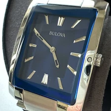 Bulova Men's Quartz Rectangular Silver-Tone Case Blue Dial 35 mm Watch 96A169