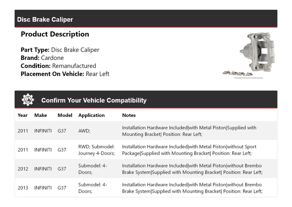 Pinza de freno de disco trasera izquierda Cardone 2012 para Infiniti G37 2011-2013 Foto 2 de 4