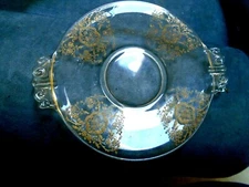 Clear Glass Desert Candy Dish 8 1/2" plate with handles etched gold embossed