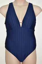 New M S Secret Slimming Textured Plunge Navy Blue Swimsuit Sz UK 18