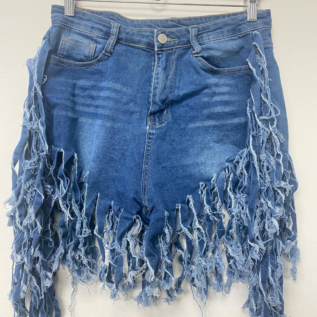 Women's Fringe Shorts Distressed Denim Short Size M Blue