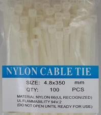 14” White Nylon Cable Tie Zip Heavy Duty Plastic Wire - Pack of 100pcs