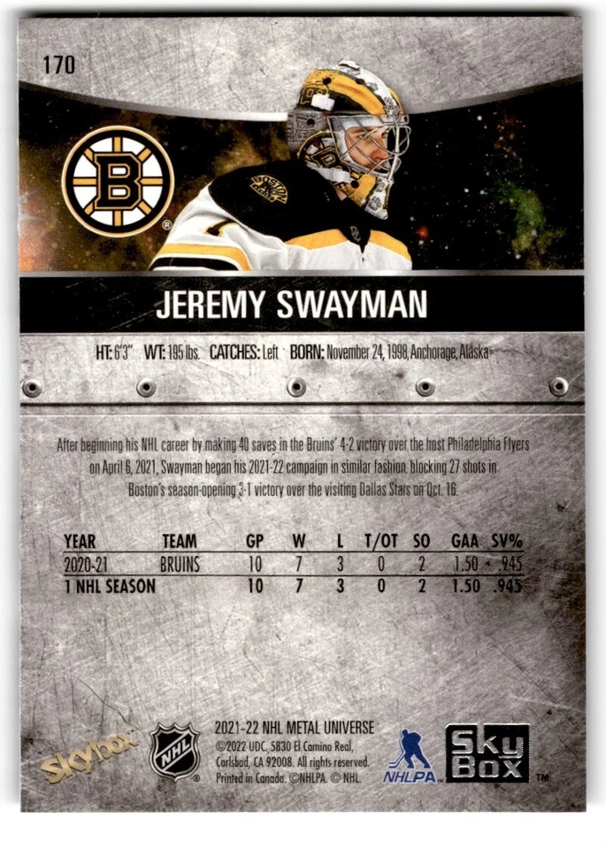 2021-22 Skybox Metal Universe Jeremy Swayman Rookie #170 Boston Bruins - Image 2 of 2