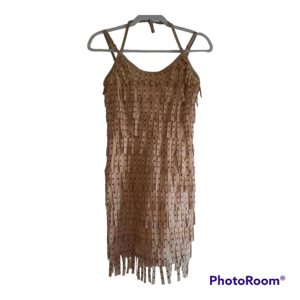 Wow Couture Gold Label Rivit Stud Fringe Halter Bodycon Bandage Dress